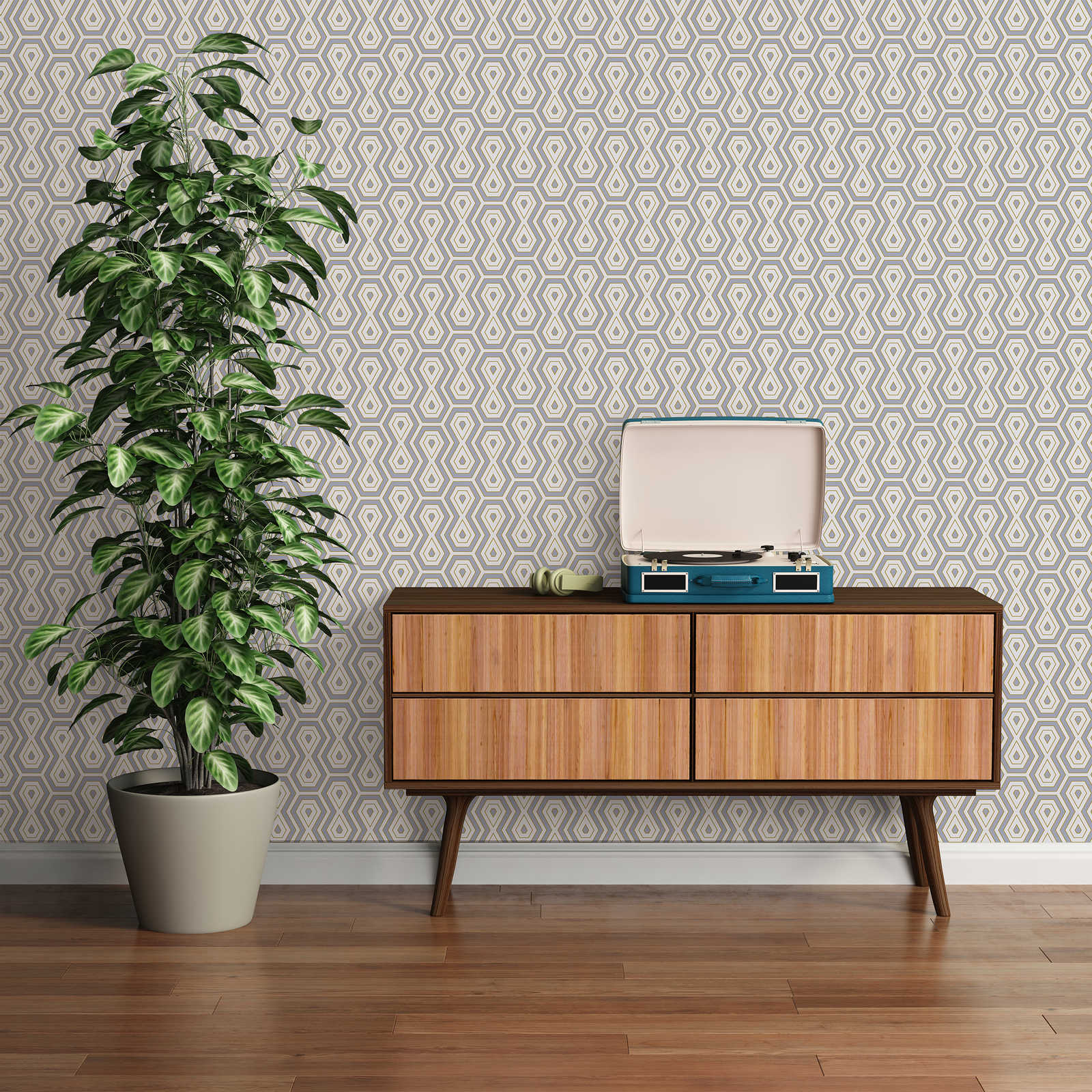 Vliestapete Grau Gold Muster im geometrischen Retro Design