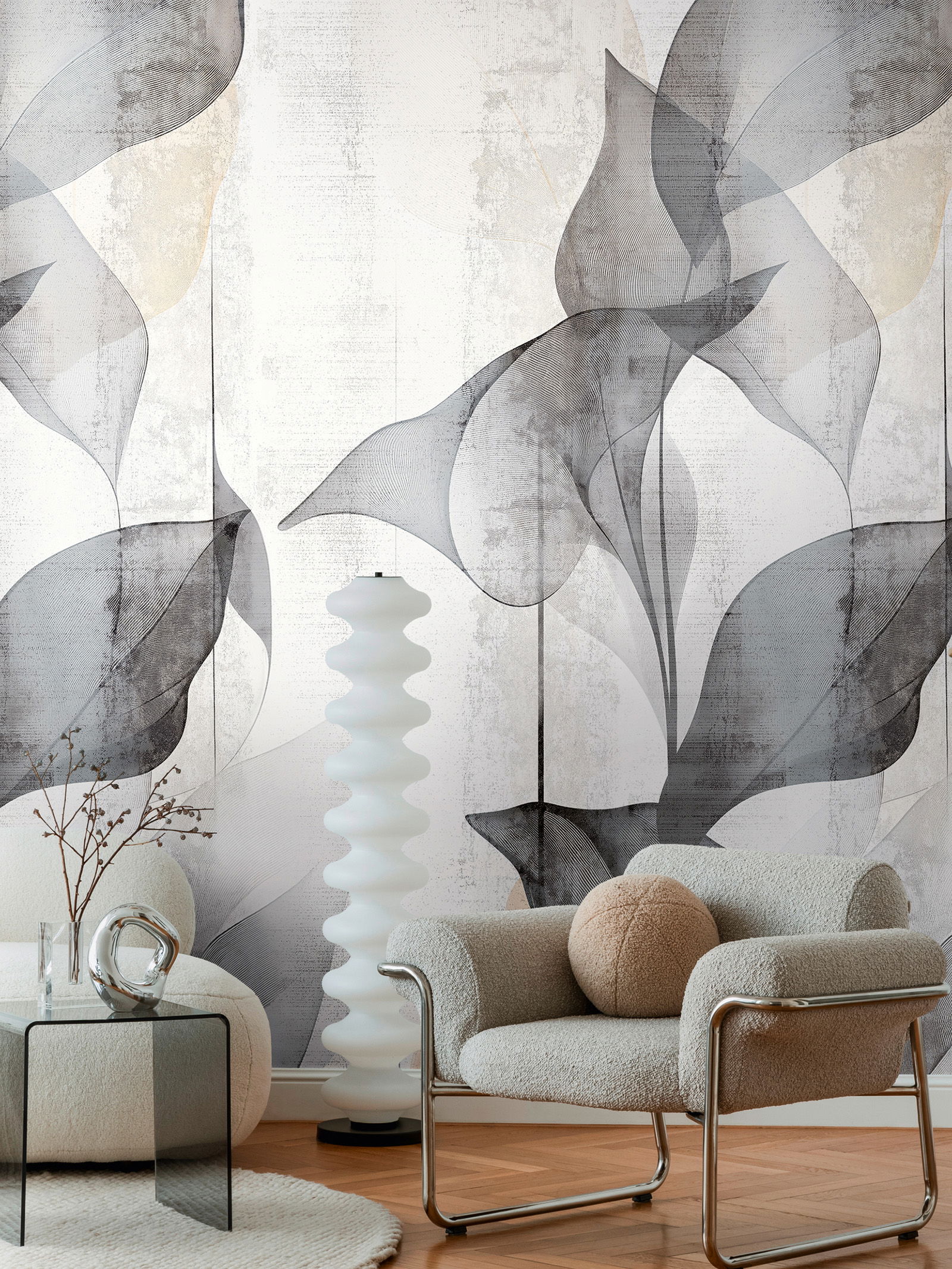 COSMOLiving - motif wallpaper with translucent leaves in soft shades - Translucent Grace - grey, white, black
