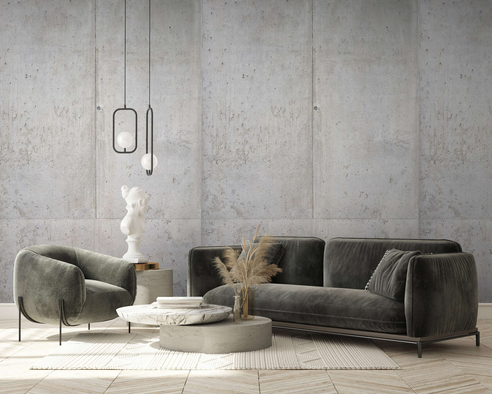 sofa, Wohnzimmer, Betonwand, dunkelgrau, modernes Möbel