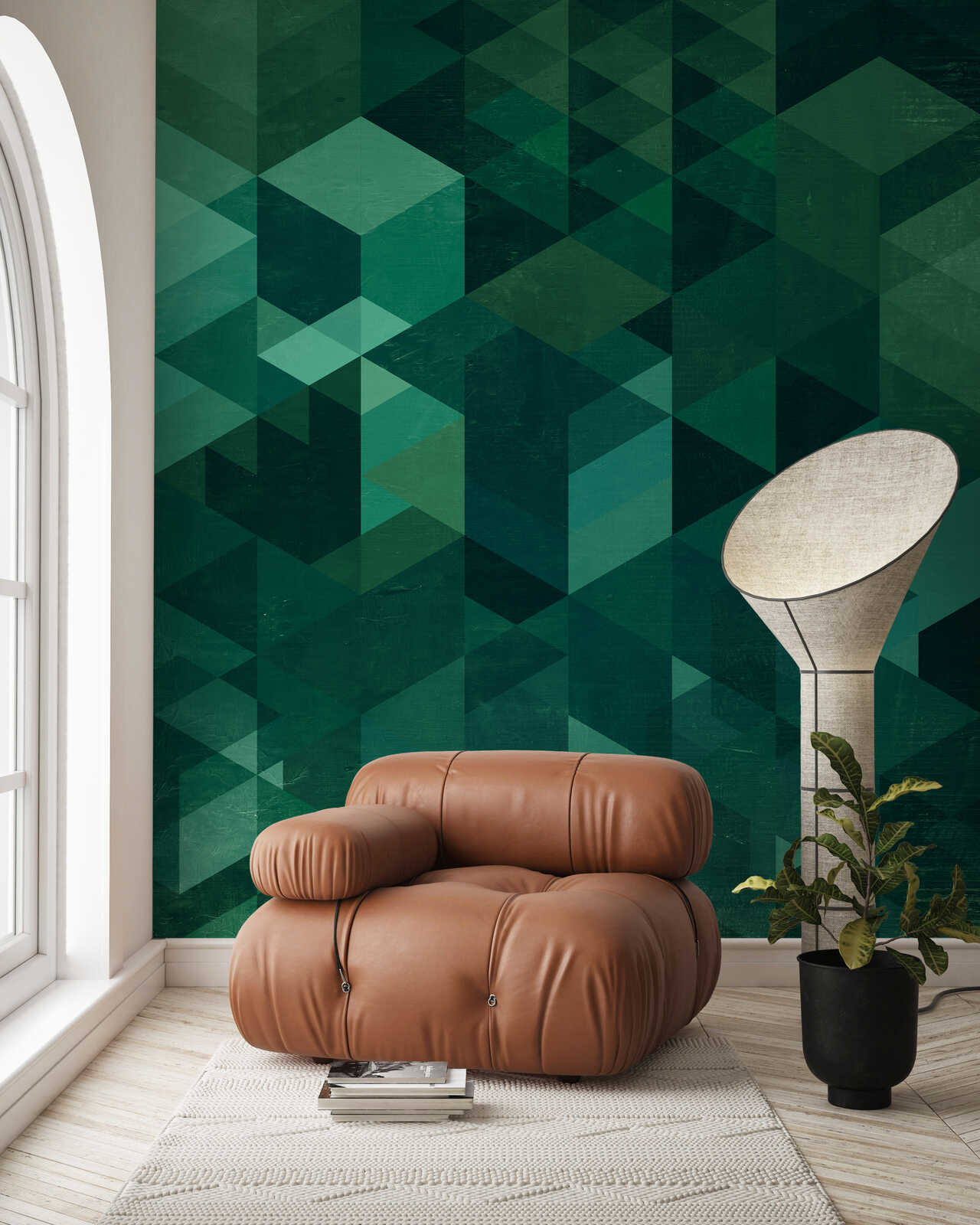 geometrische wand, grüne wand, wohnzimmerstuhl, lederstuhl, pflanze
