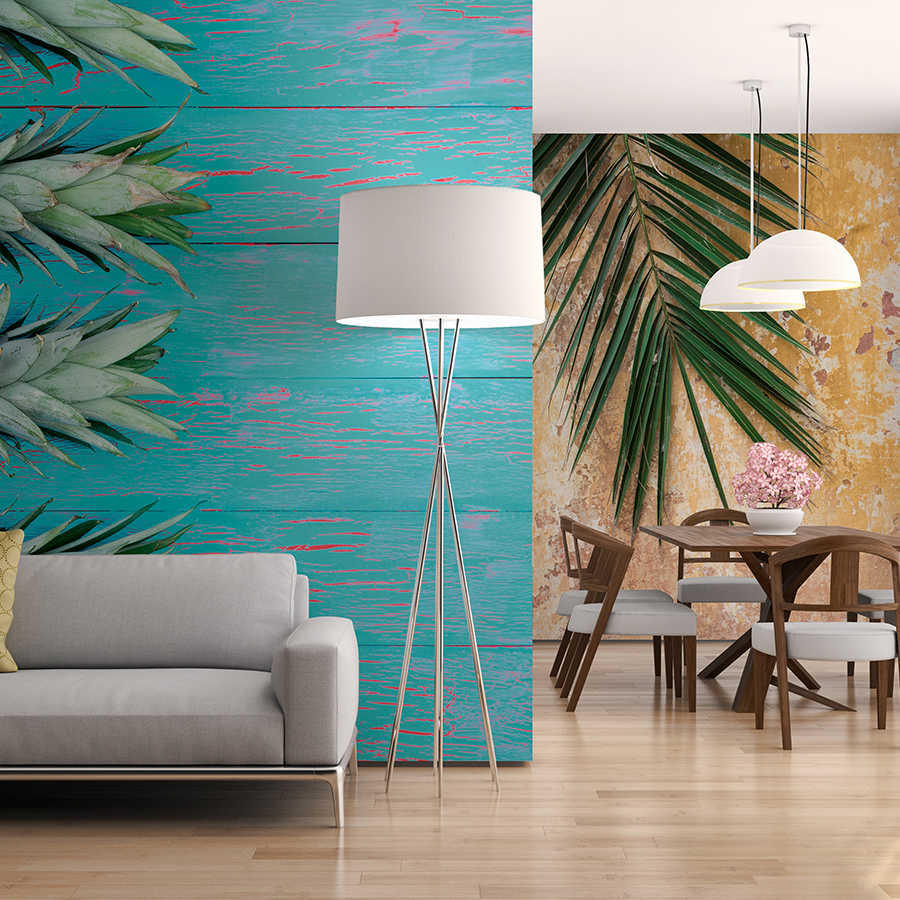         Zomer muurschildering ananas op houten schutting op premium gladde fleece
    