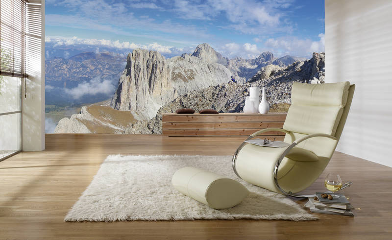Ledersessel, Schaukelstuhl, cremefarben, modernes Interieur, Berglandschaft-Wandbild