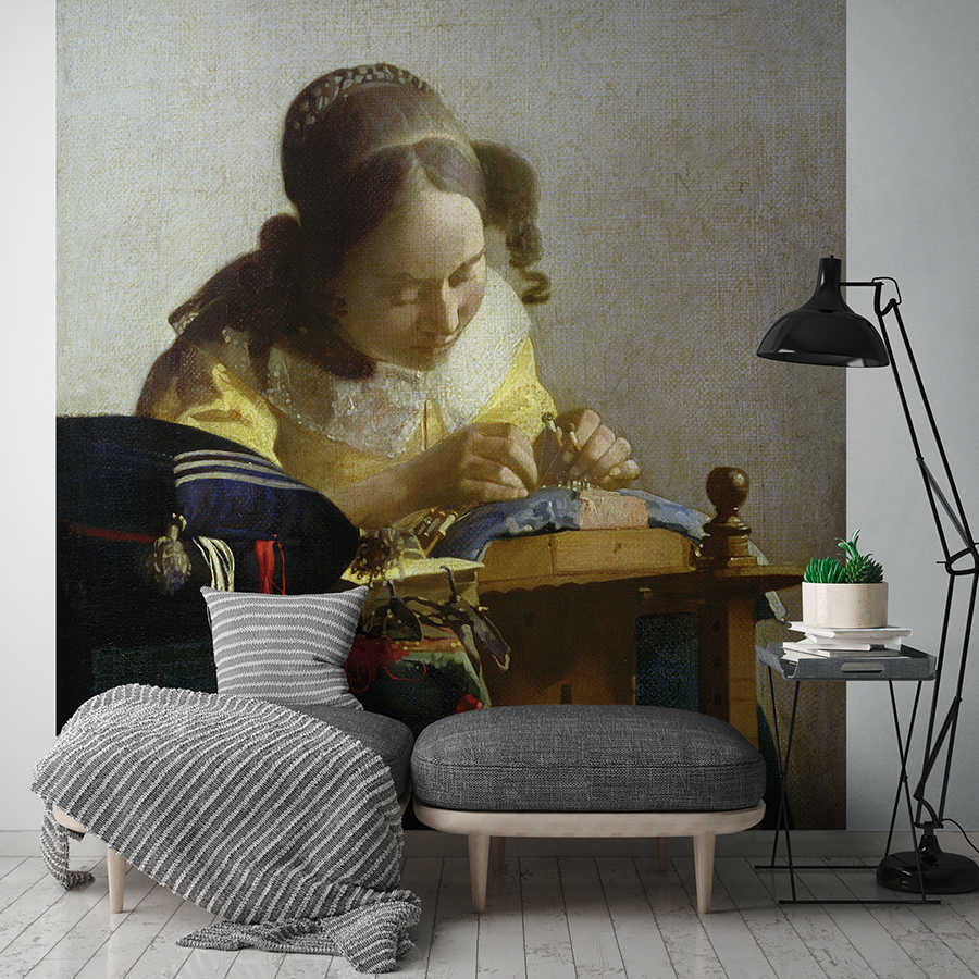 wandbild, kunsttapete, frau näht, historische schilderung, vintage szene