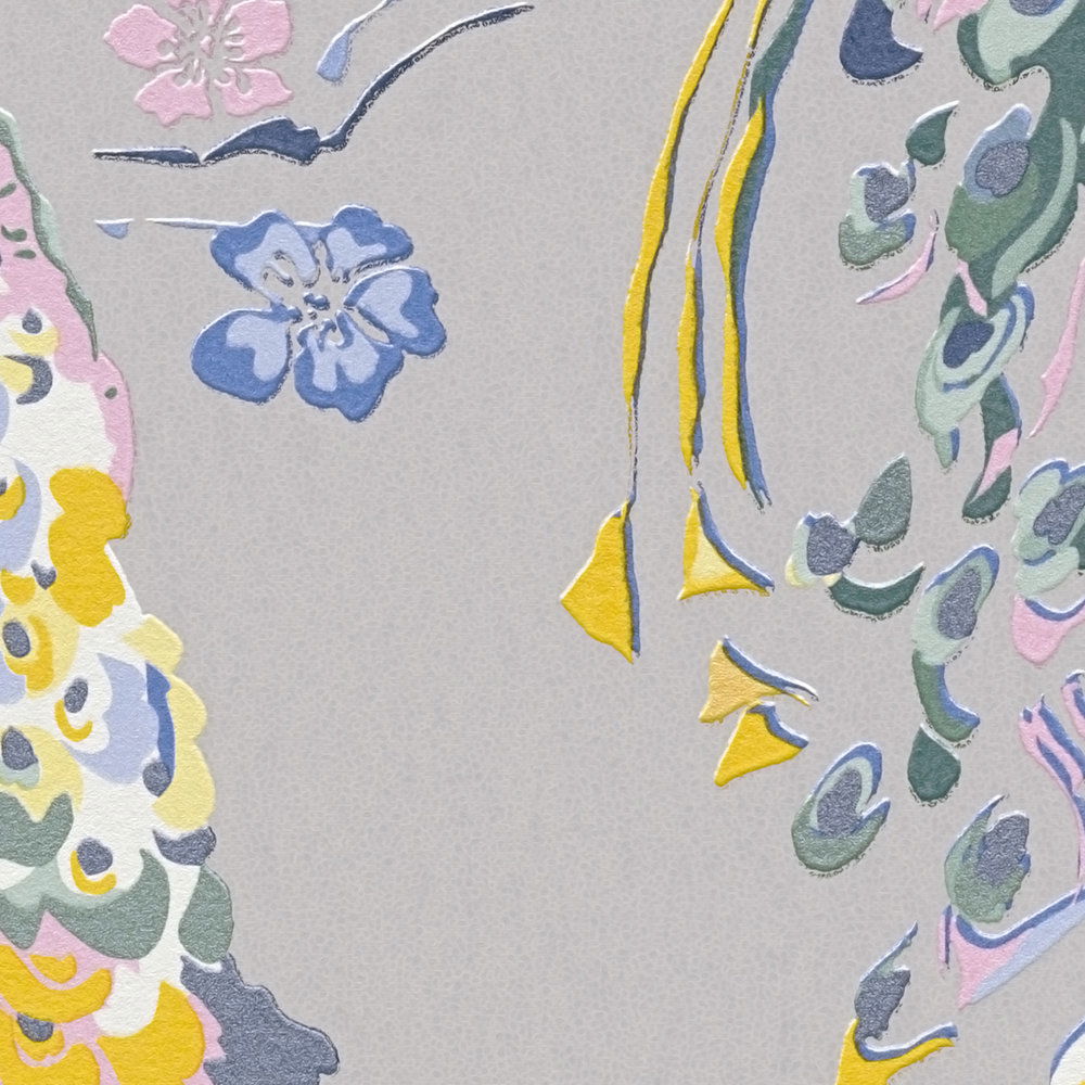             Vliestapete mit Pfau Muster und Glanzeffekt – Grau, Blau, Bunt
        