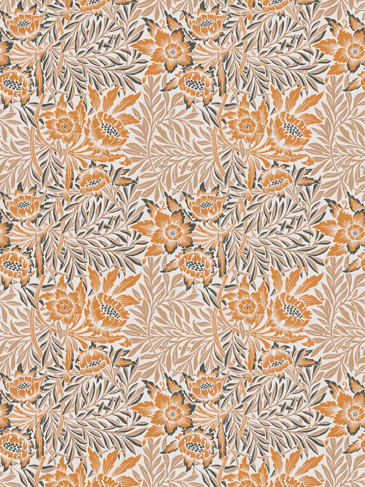 Vliestapete mit Blumen und Blätterranken – Orange, Beige, Weiß