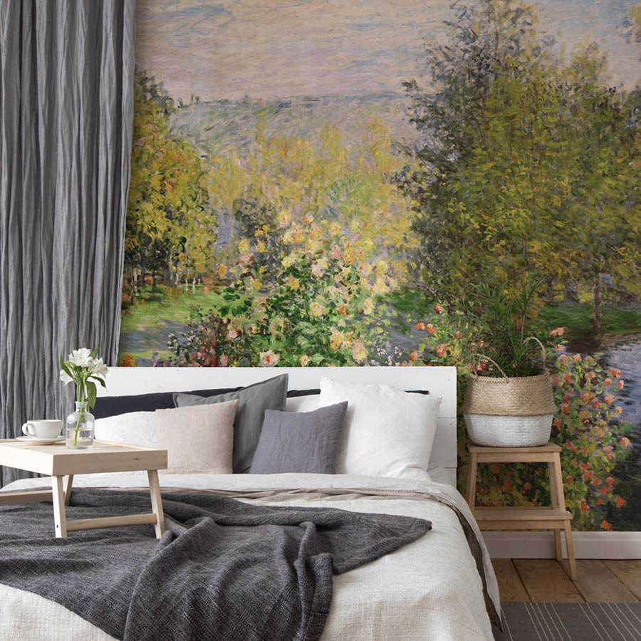 bettzimmer, wandtapete, blumenmuster, pflanzen, bett