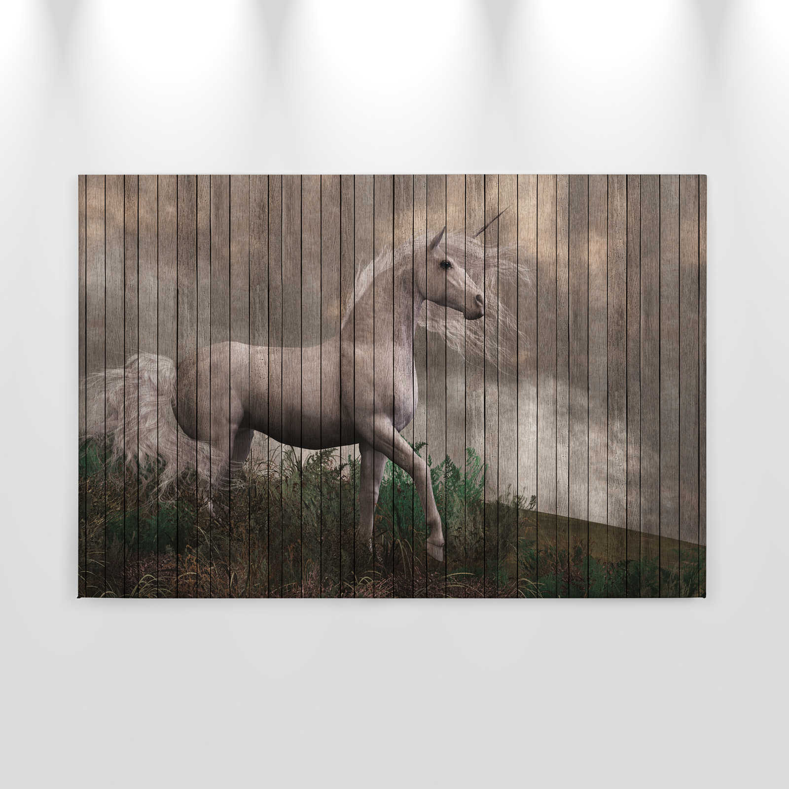             Fantasy 3 - Einhorn Leinwandbild mit Holzbrettoptik – 0,90 m x 0,60 m
        
