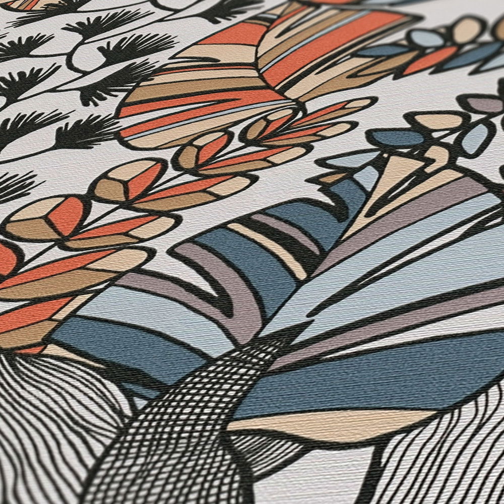             Vliestapete mit kräftigen Farben in Dschungeloptik – Weiß, Schwarz, Orange
        