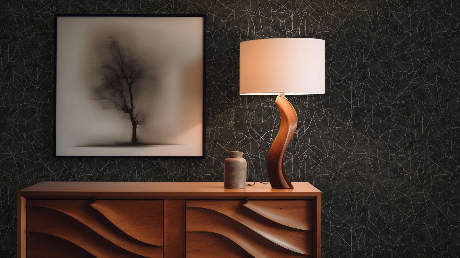             3D Vliestapete mit grafischem Naturmotiv und goldenen Akzenten – Schwarz, Metallic
        