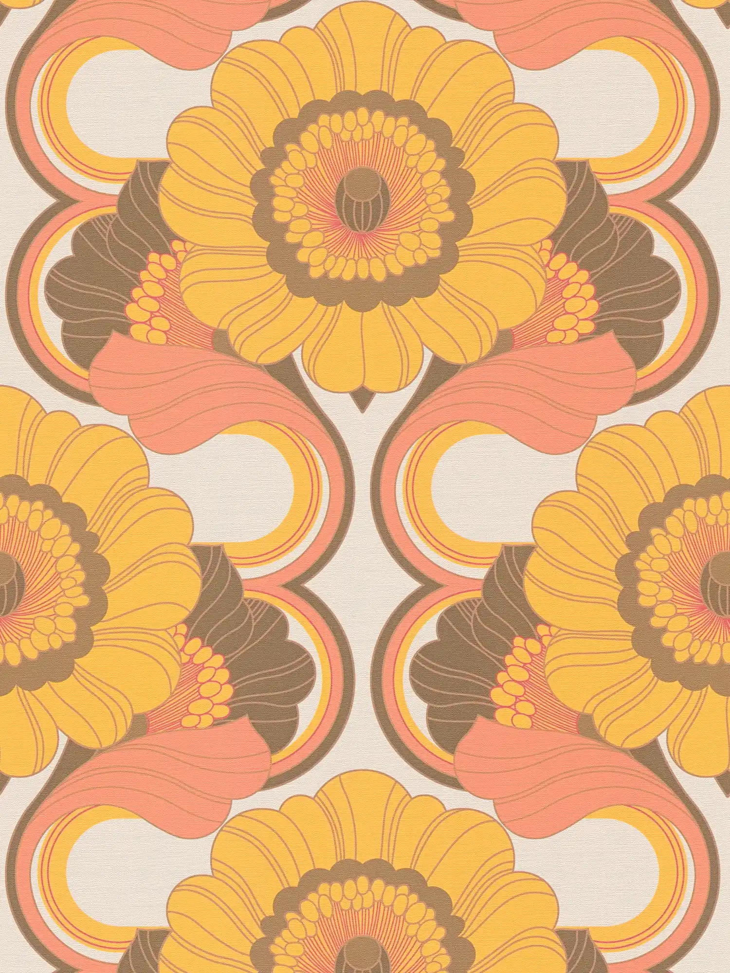 Florale Retro Tapete mit Blumenmuster in warmen Farben – Braun, Gelb, Orange