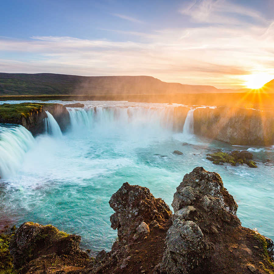 wasserfall, abendrot, sonnenaufgang, felsenküste, türkisfarbenes Wasser