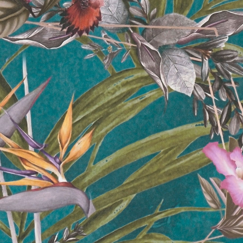             Jungle wallpaper tropical flowers & birds - turquoise, green, colourful
        
