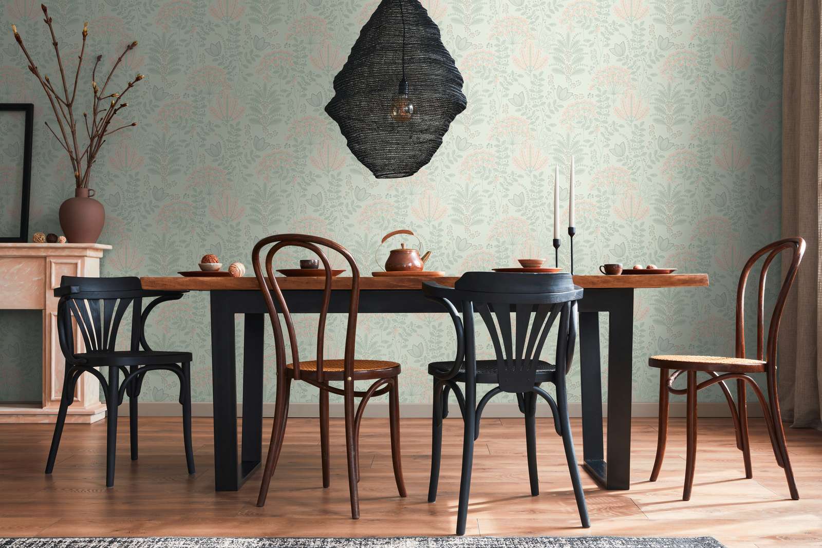             Tapete floral mit Blättern im Retro-Look leicht strukturiert, matt – Grün, Grau, Rosa
        