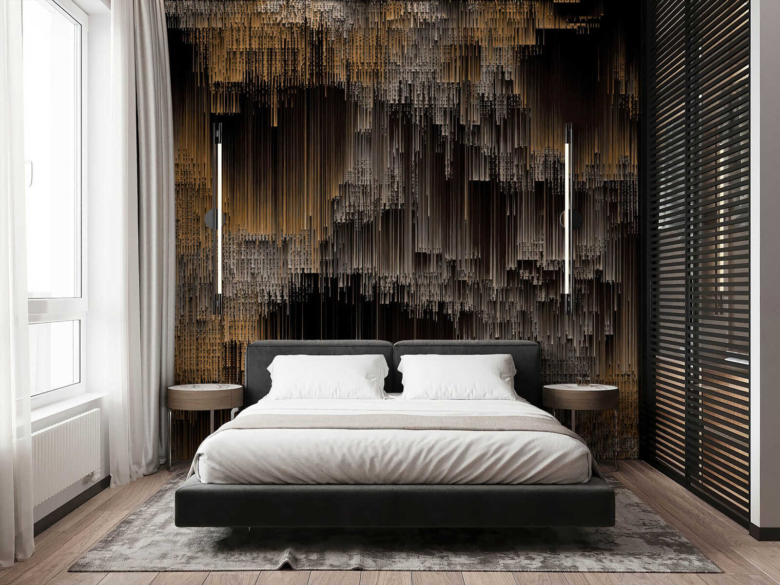 Drinnen, Innenarchitektur, Paneele aus Holz, Dekoration für Zuhause, Bett