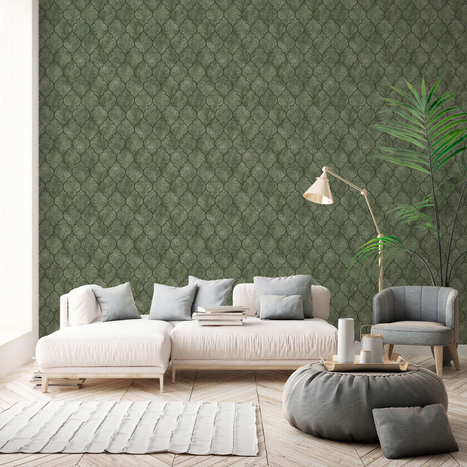             Vliestapete mit Blättermuster auf Fliesenoptik – Grün
        