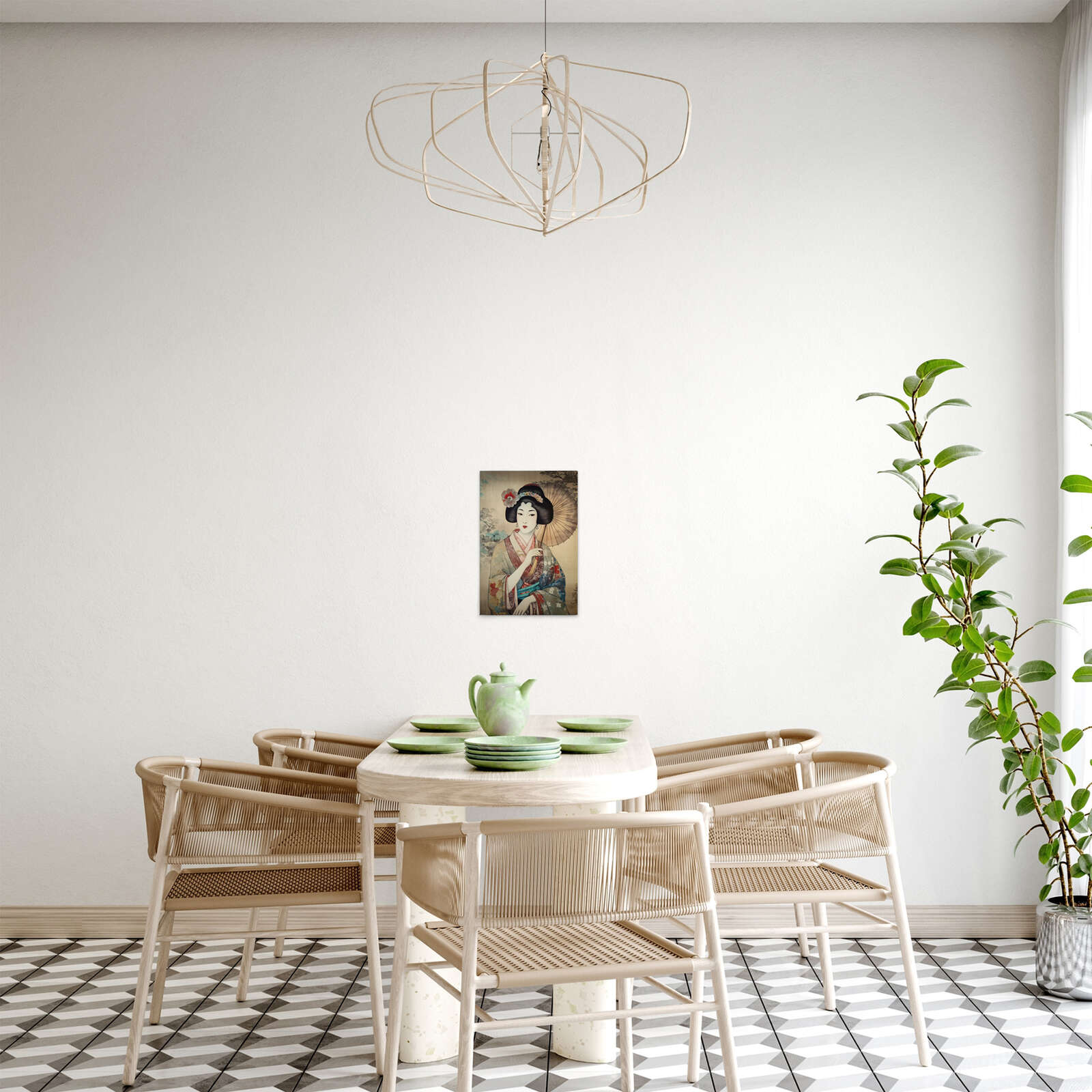             Eleganz der Geisha - Traditionelle Kunst auf Leinwand – 30 x 45 cm - Bunt, Beige
        