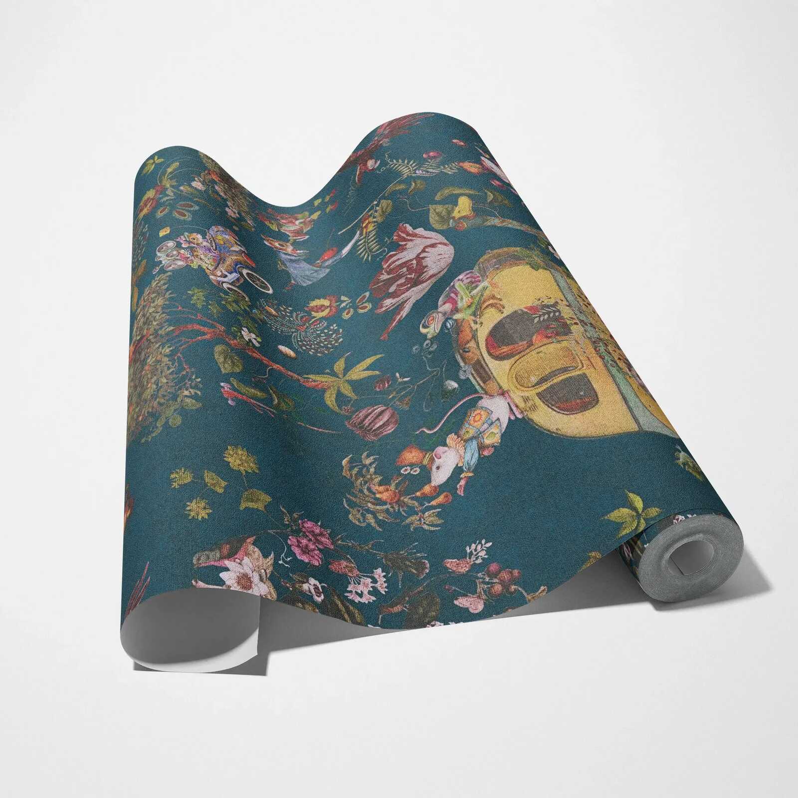             Märchenhafte Kinderzimmer Vliestapete mit Waldtieren – Blau, Gelb, Grün
        