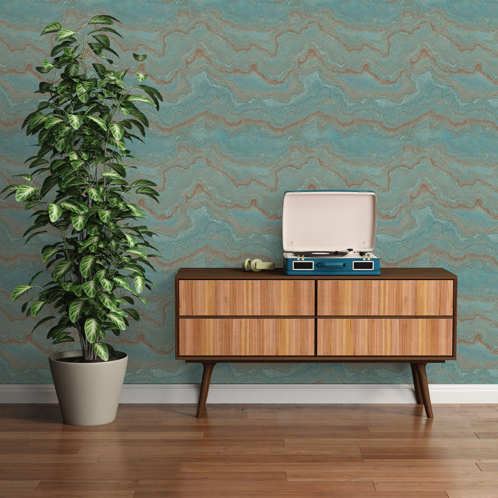             Vliestapete marmoriert mit Metallic- Effekt – Blau, Türkis, Gold
        