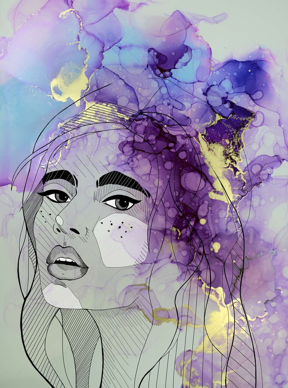 portrait, Linienzeichnung, Abstrakt, Lila, Kunstdruck