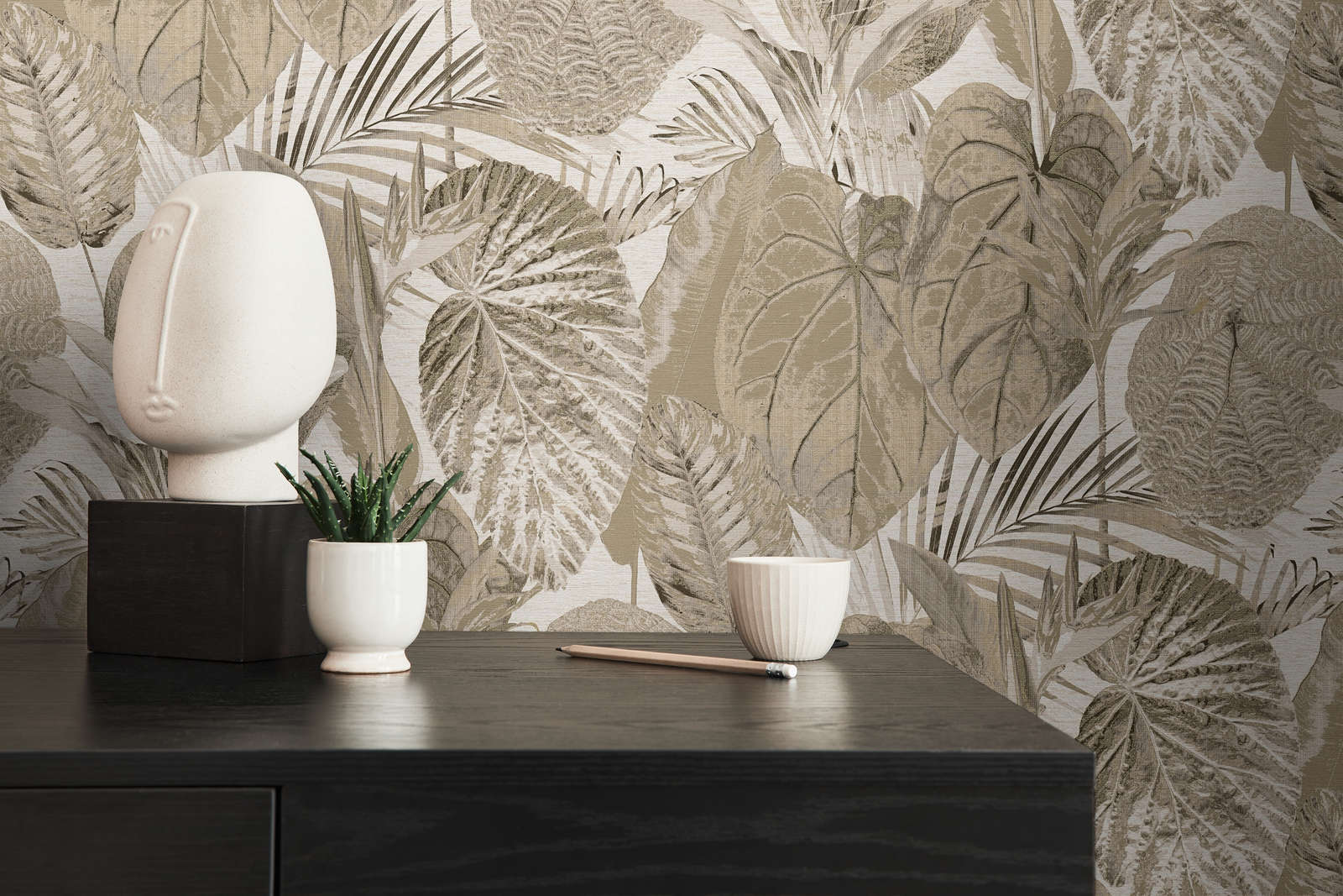             Tapete mit Dschungelmuster leicht strukturiert, matt – Beige, Taupe
        