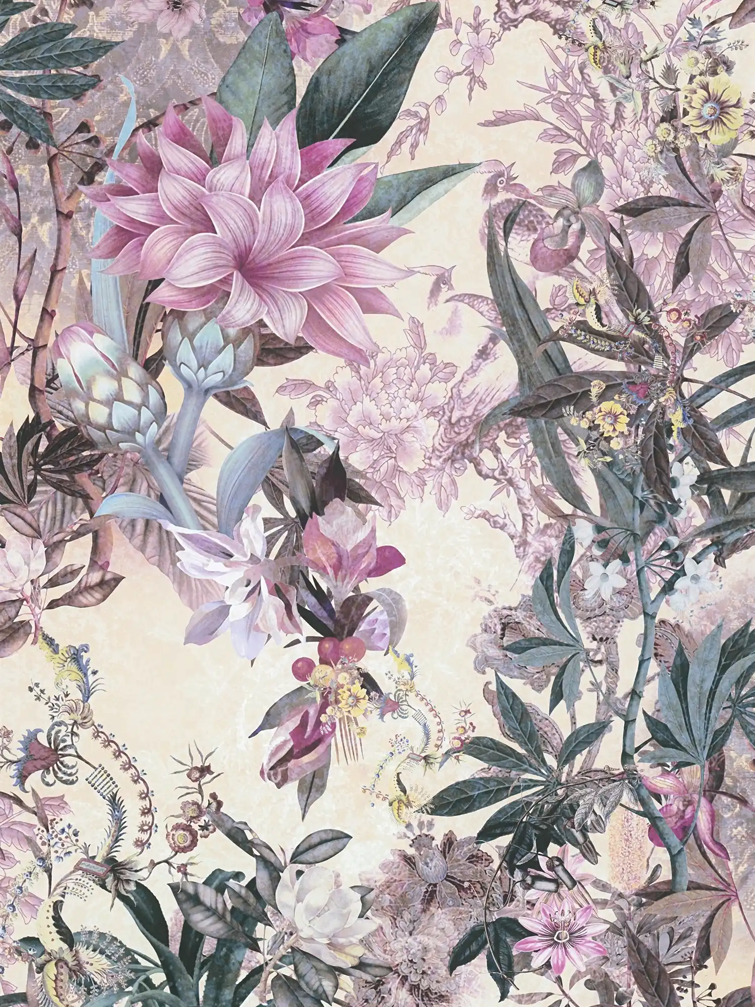         Blumentapete moderner Kolonialstil – Rosa, Grün
    