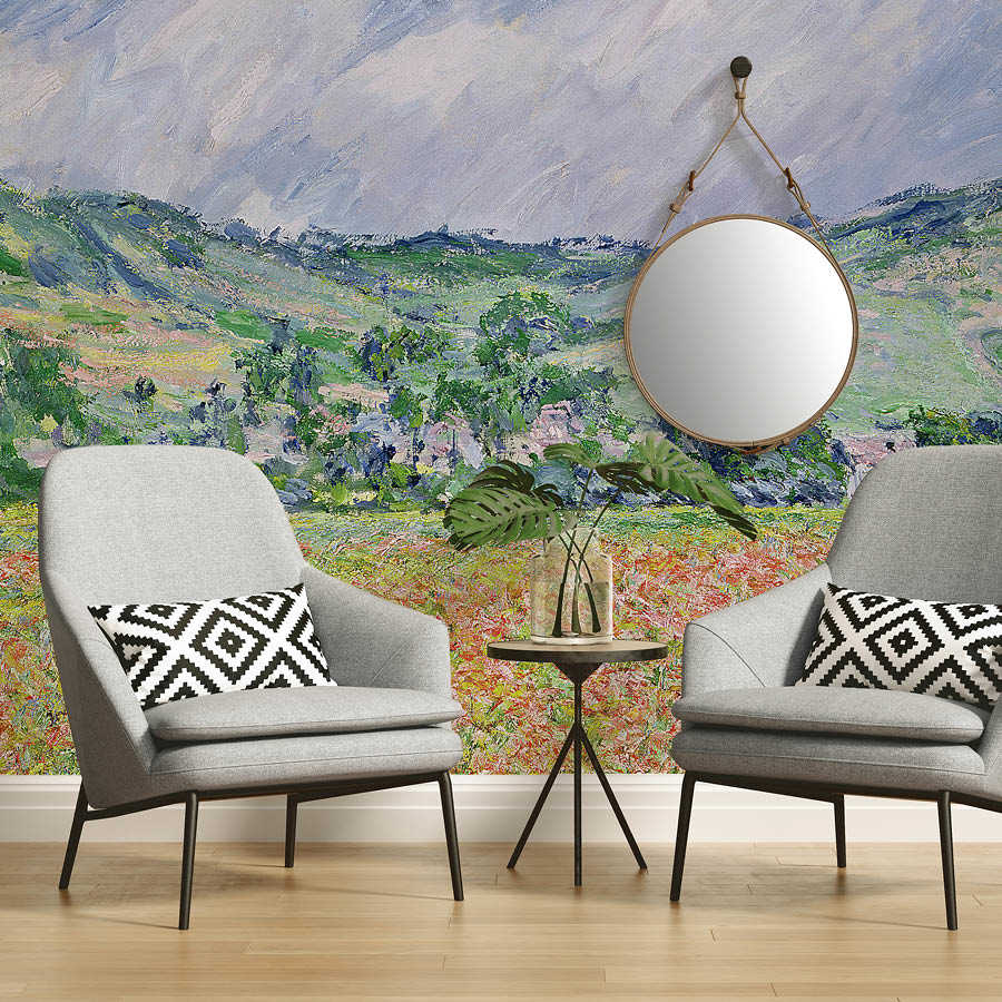 Sessel, Wohnzimmer, Wandbild, runder Spiegel, Pflanzen-Dekor