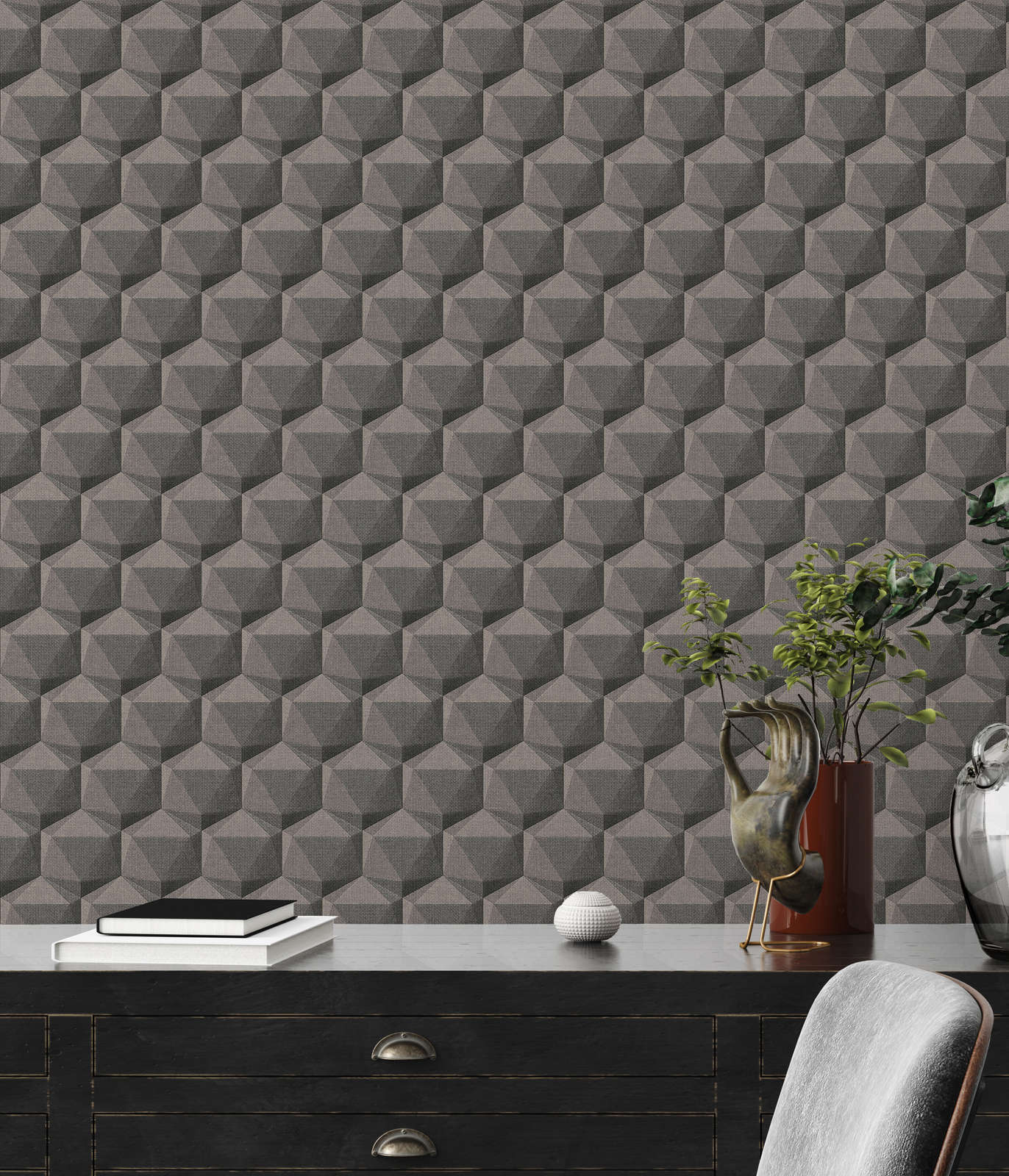 Grafiktapete 3D Optik mit Polygonmuster – Grau, Beige, Schwarz