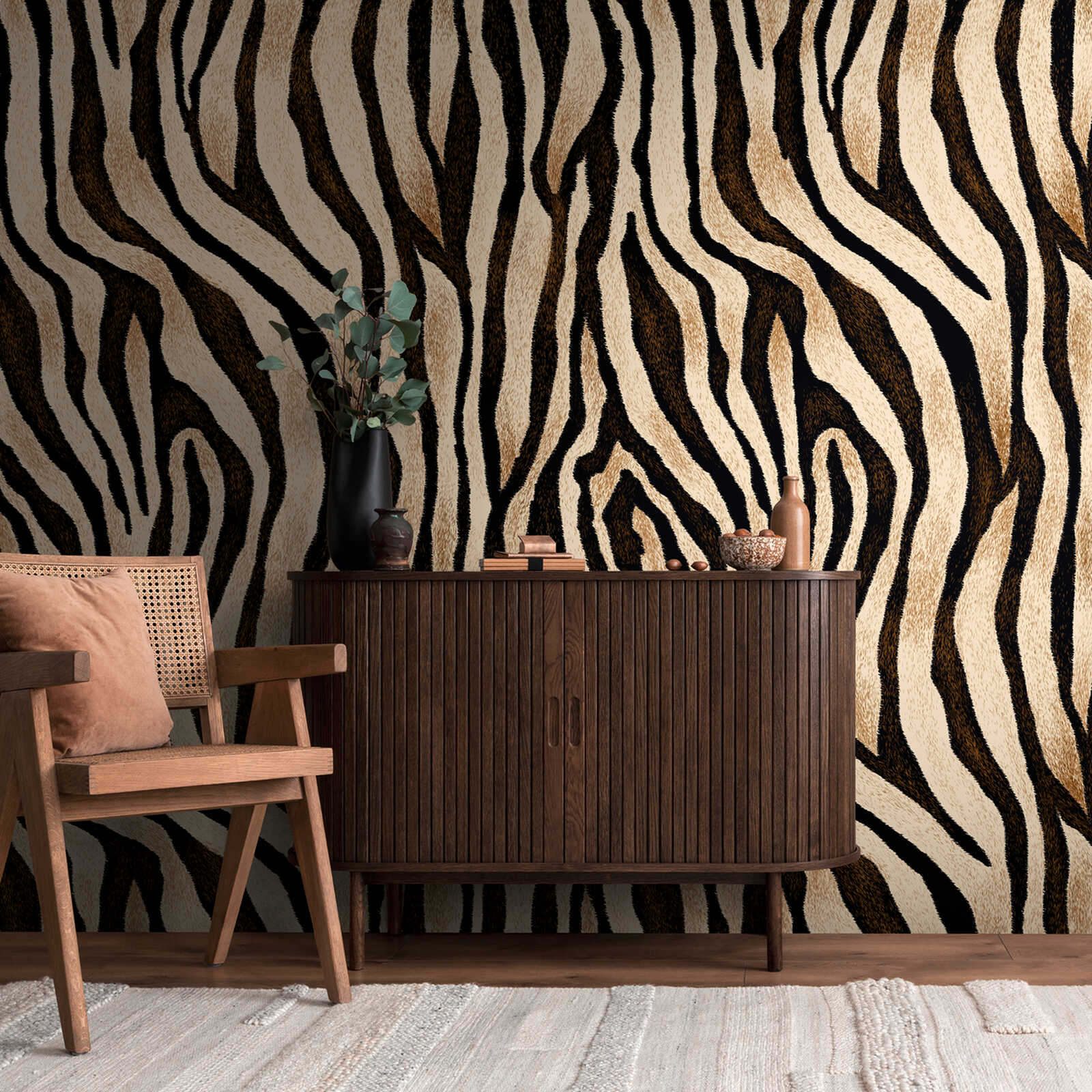 Zebra-Muster, Wandtapete, Tapete, Vitrine-Dekor, Holzsideboard