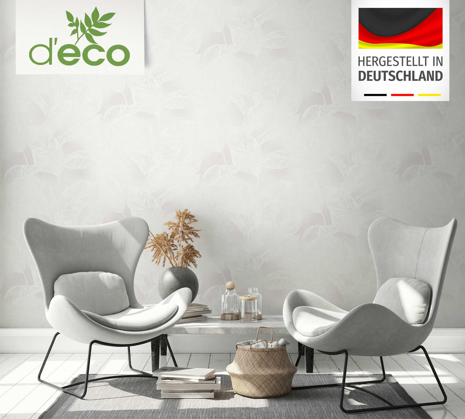             Vliesbehang met bladeren PVC-vrij - wit, grijs
        