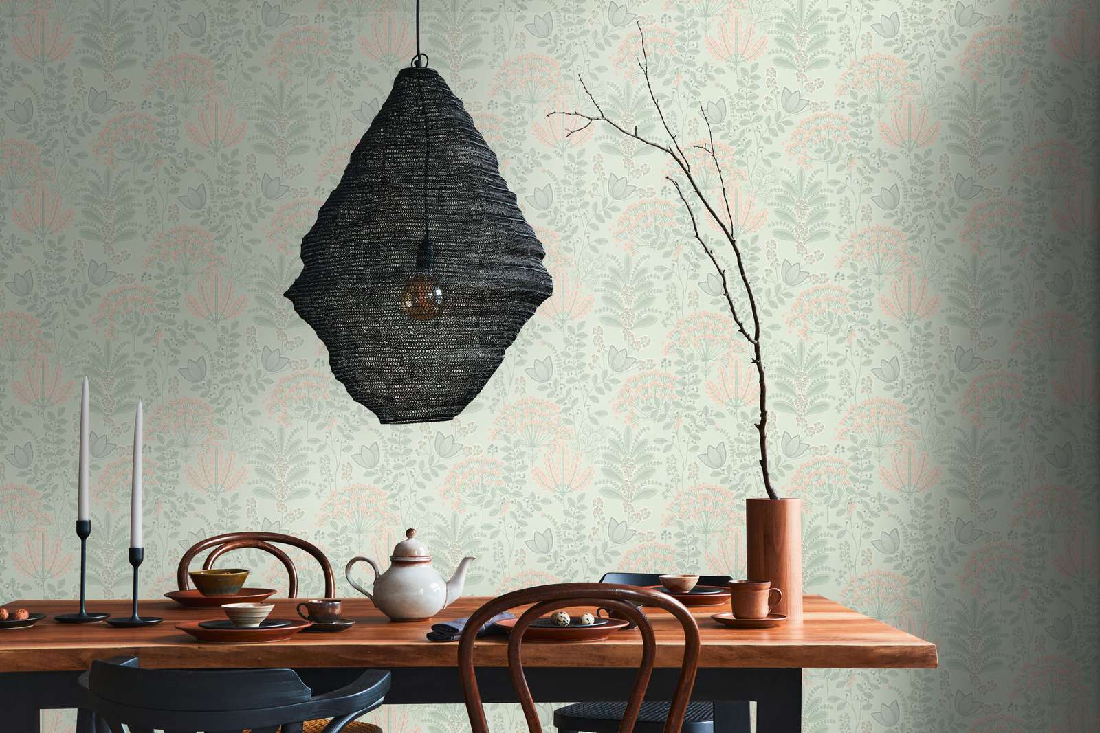             Tapete floral mit Blättern im Retro-Look leicht strukturiert, matt – Grün, Grau, Rosa
        