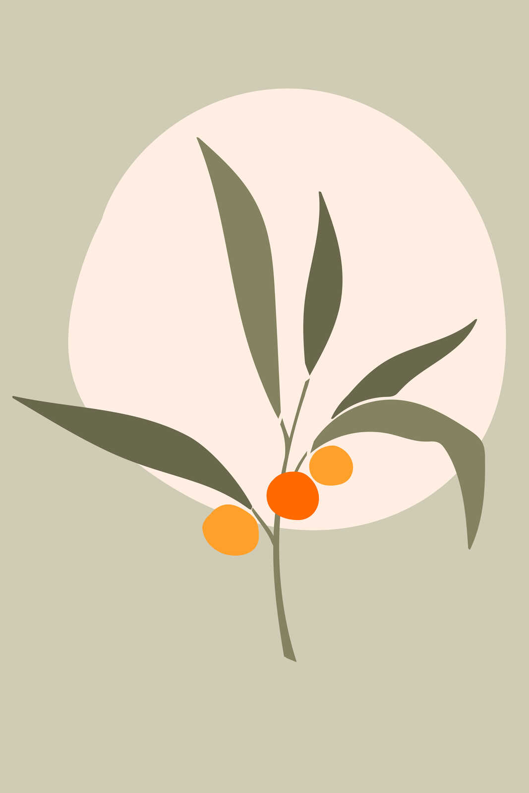             Leinwandbild - Minimalistischer Zweig mit Orangenakzenten ideal für die Küche – 30 x 45 cm - Grün, Creme
        