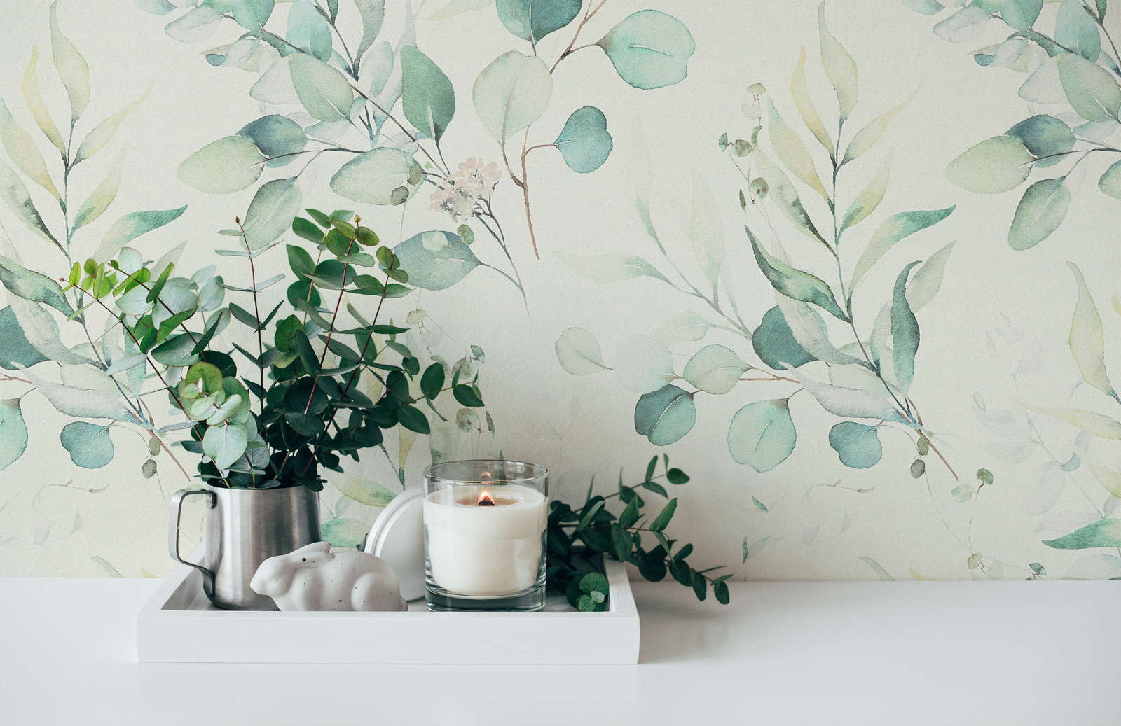             Vliestapete mit Aquarell Blättermuster im Wassermal-Stil – Creme, Grün
        
