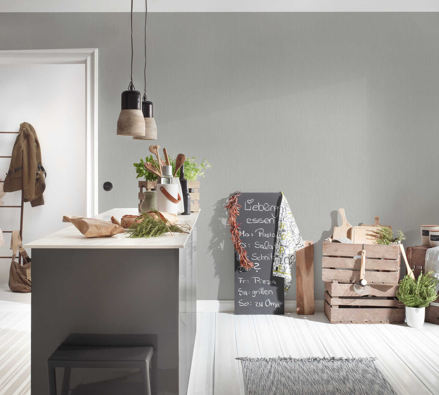 kitchen, Insel, Hängelampen, Holzkisten, Kreideboard