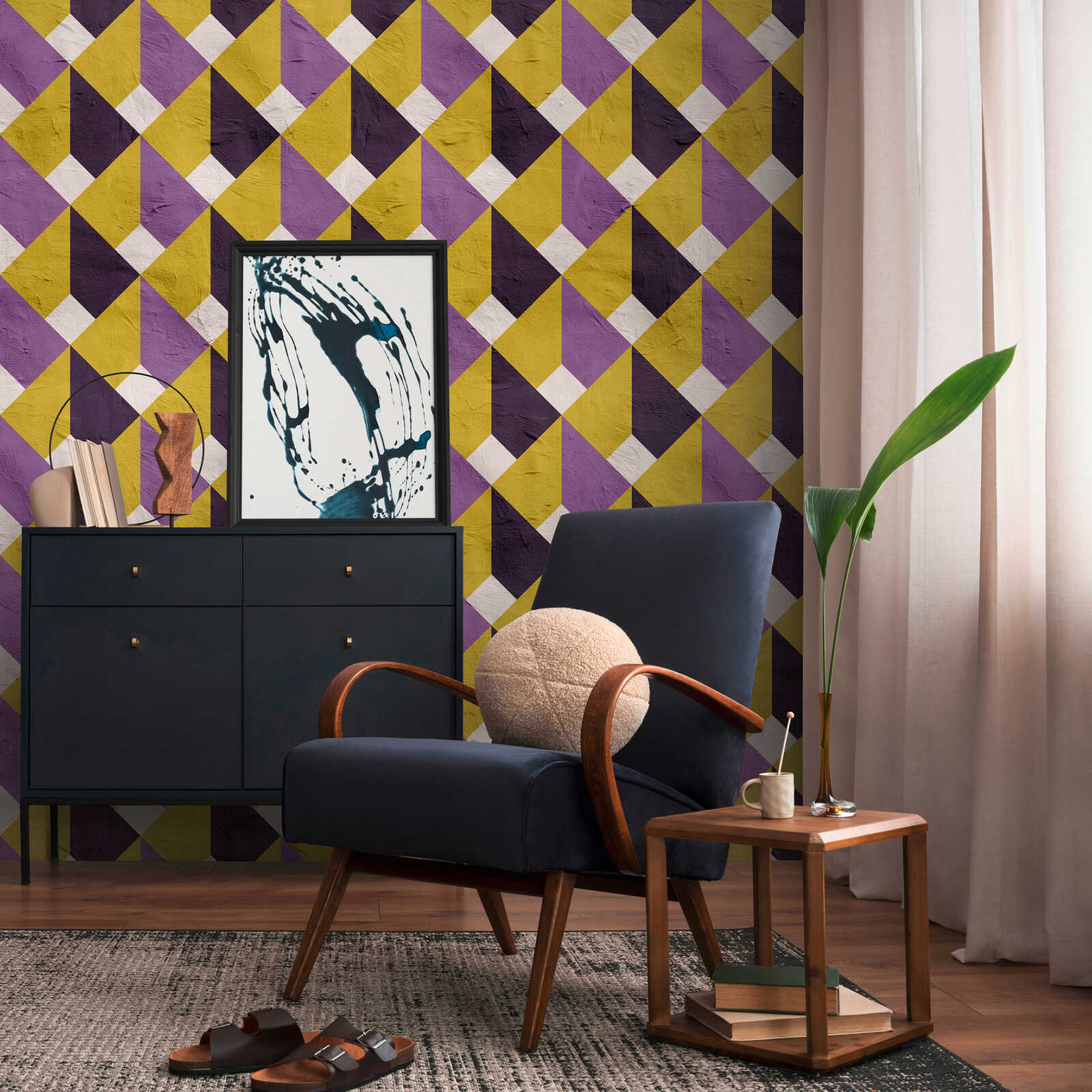         3D retro non-woven wallpaper with a geometric pattern in an exciting colour scheme and large-scale pattern repetition - purple, yellow, white
    