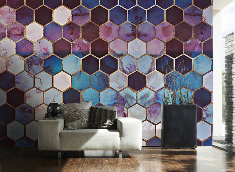 hexagon tiles, tile wall, mosaic pattern, blue purple, interior decor