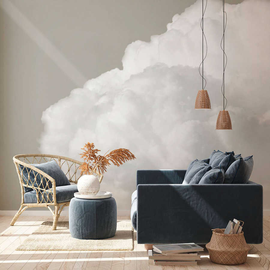 Wohnzimmer, Sessel, Couch, Hängelampe, Wandbild Wolken