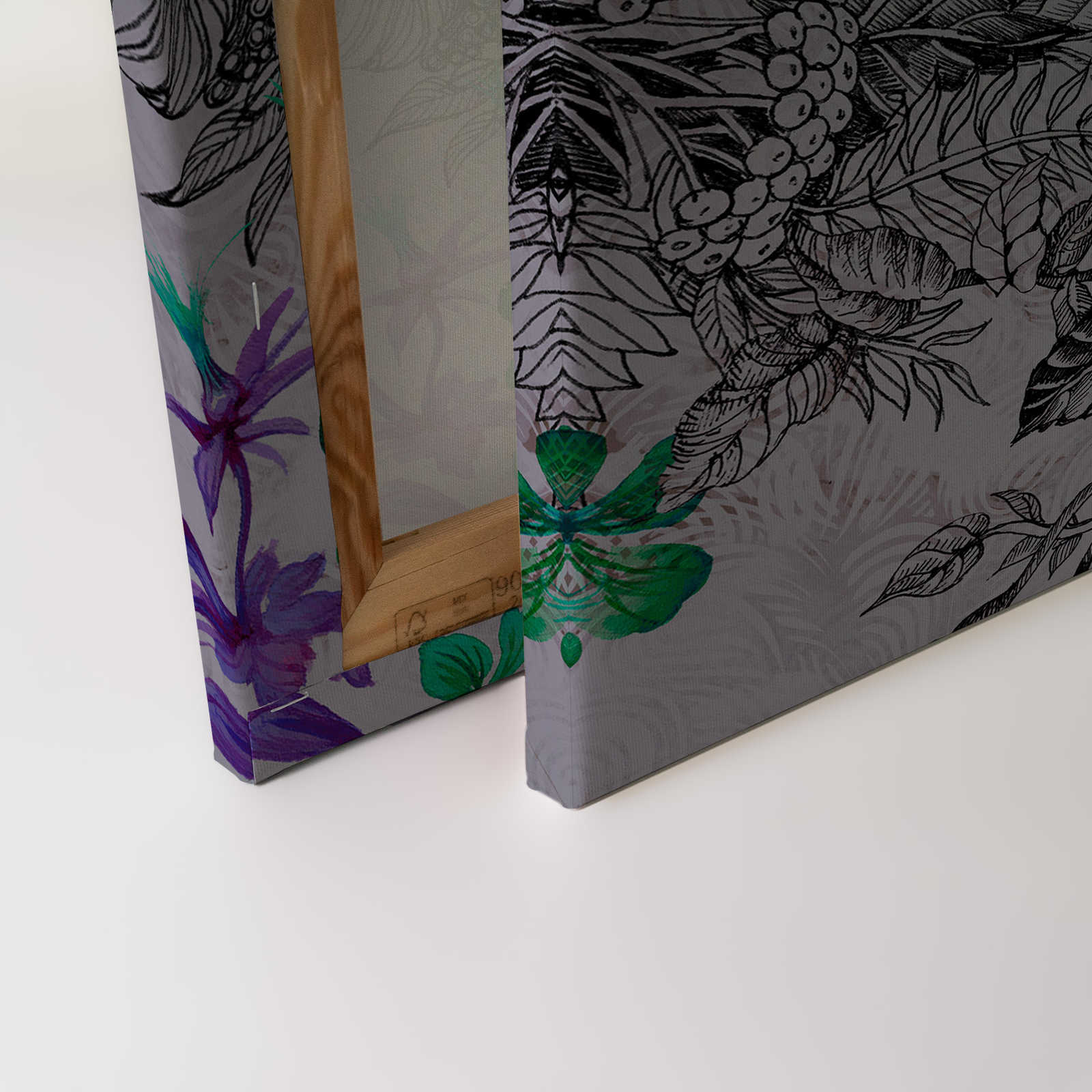             Violettes Leinwandbild mit Blumen & Vögeln – 0,90 m x 0,60 m
        