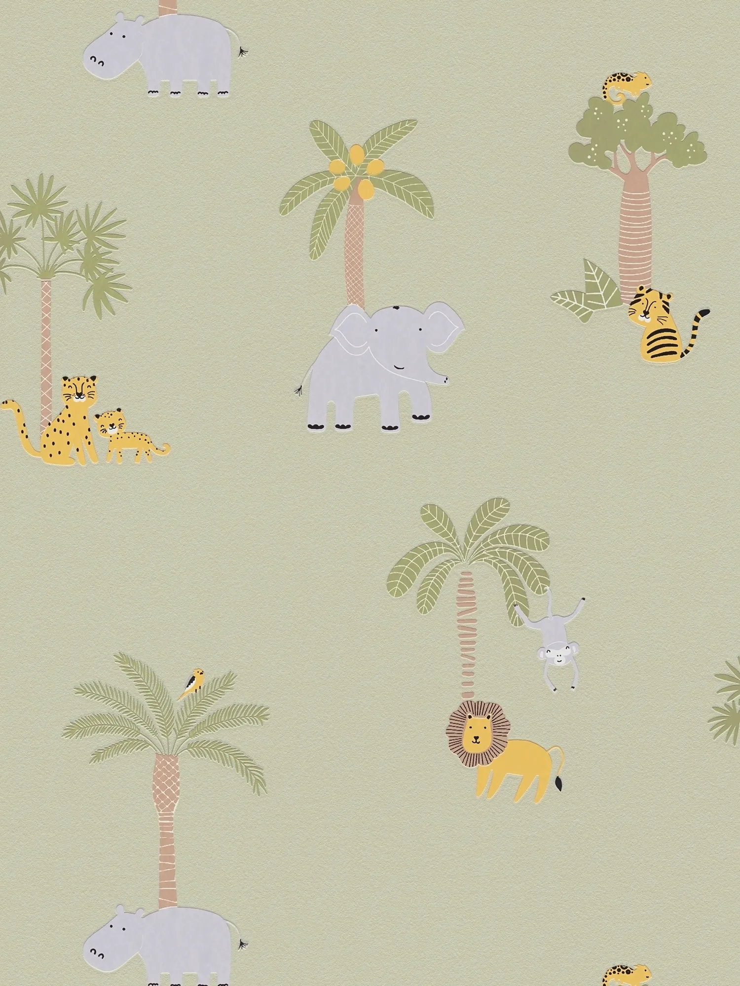 papier peint en papier intissés pour chambre d’enfant avec des animaux de safari et des palmiers – papiers peints à motifs ludiques et légèrement brillants – vert, jaune