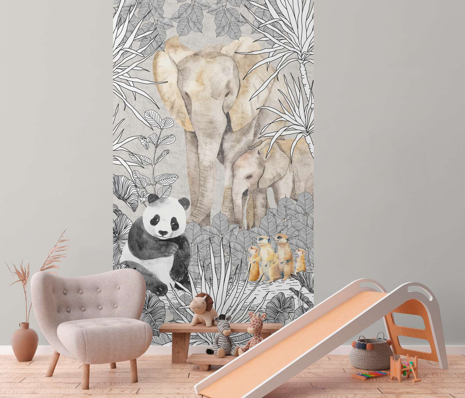             Safari-Freunde Vliestapeten Panel 159cm Breite x 280cm Höhe – Elefanten, Pandas und Erdmännchen in harmonischen Farben, glatte Oberfläche – Beige, Grau, Schwarz
        