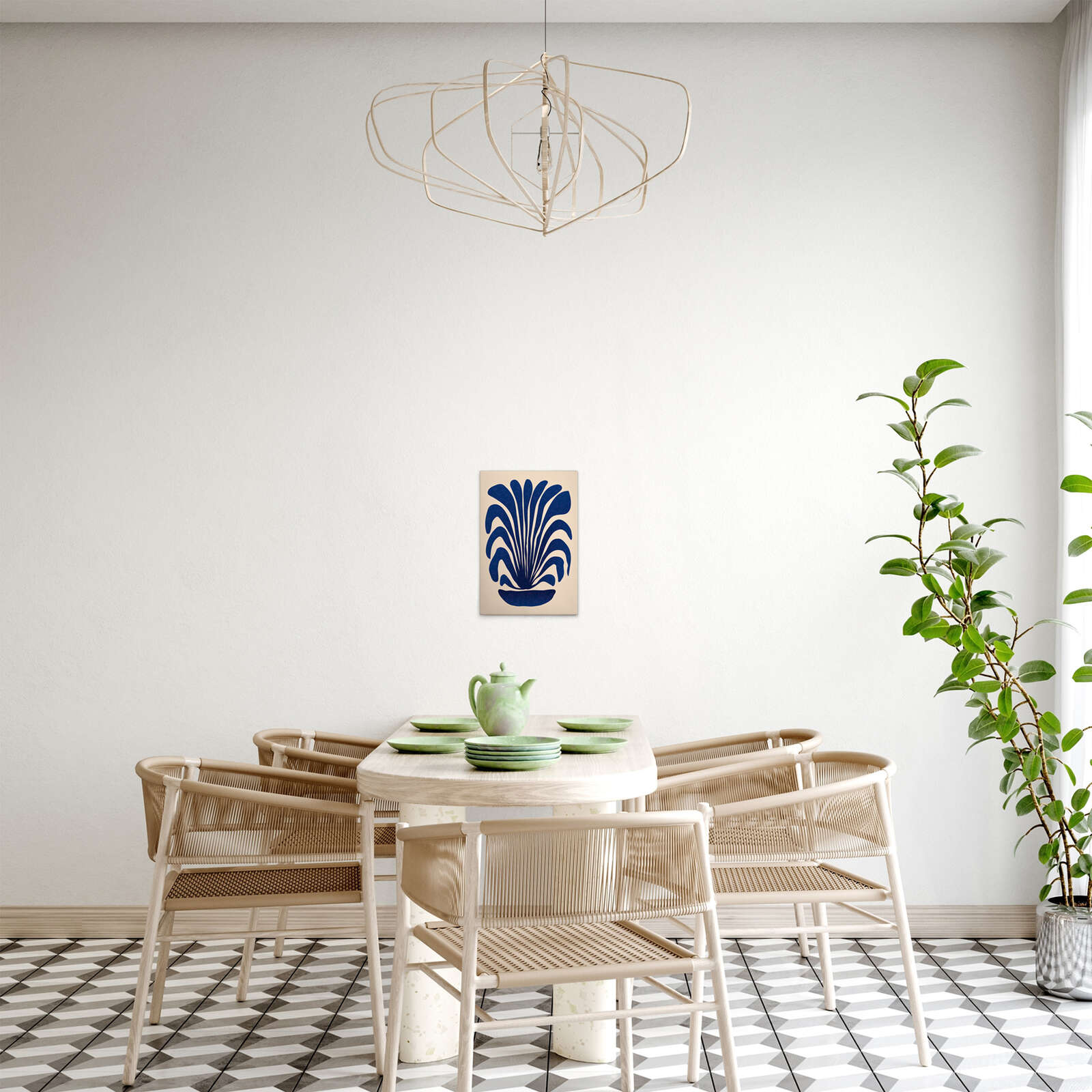 Blühende Fantasie: Abstrakte Flora - Harmonische Pflanzenform in Blau auf Leinwand – 30 x 45 cm - Creme, Beige