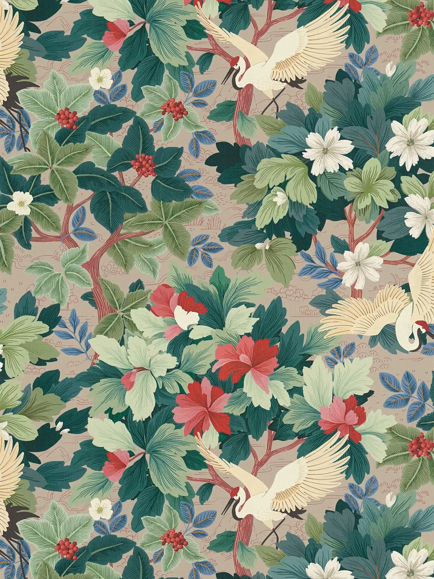         Tropical non-woven wallpaper with leaf and bird pattern in matt look and light texture - beige, green, red
    