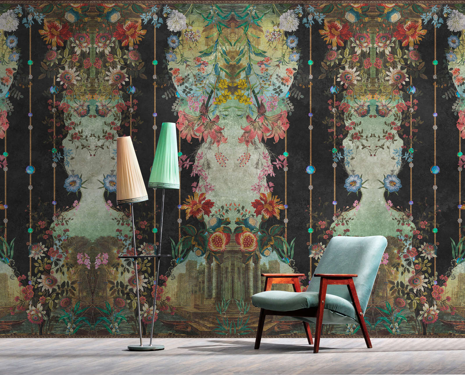 tapisserie, mural mural, motif floral, design vintage, chaise canapé