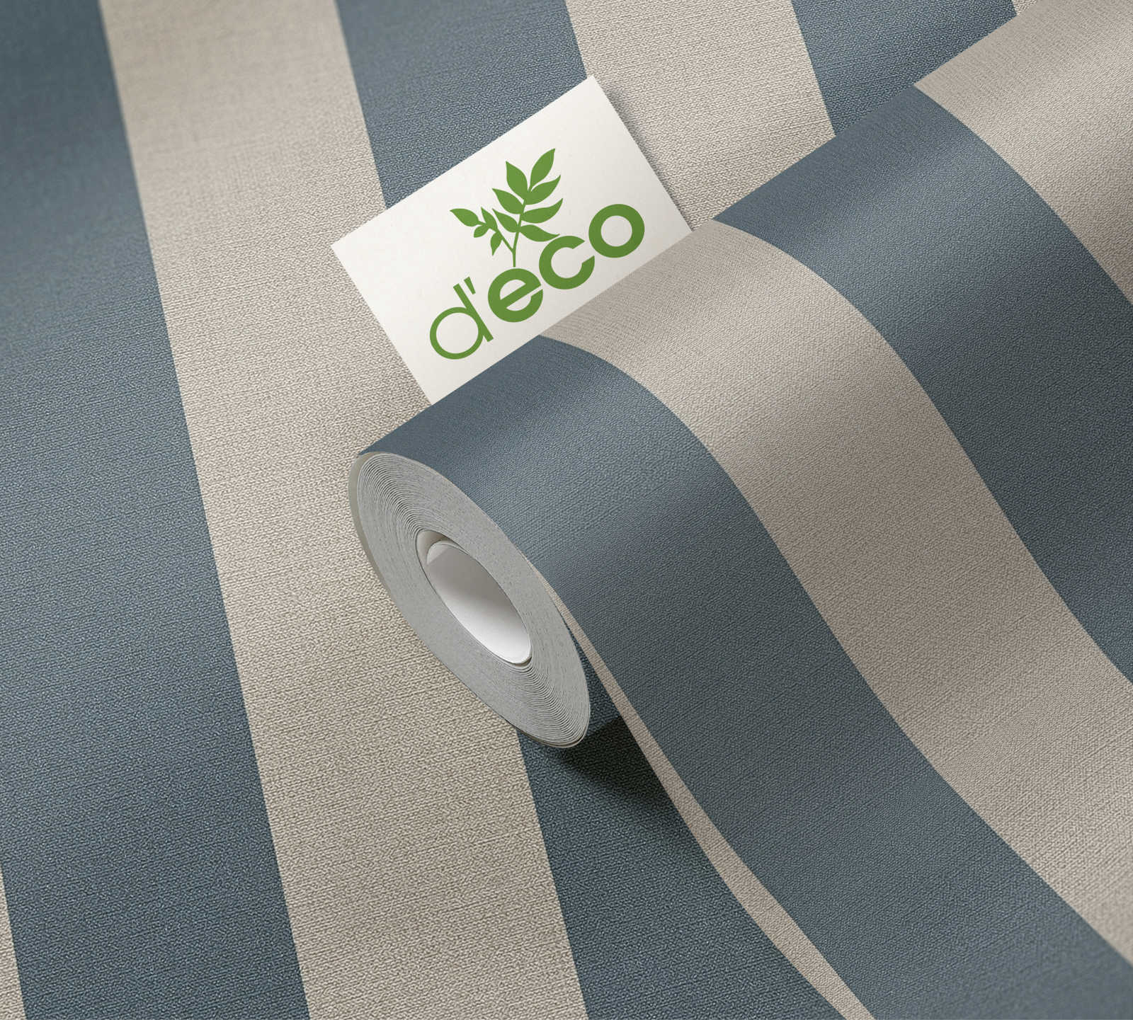             Streifentapete mit Leinenoptik PVC-frei – Blau, Braun
        