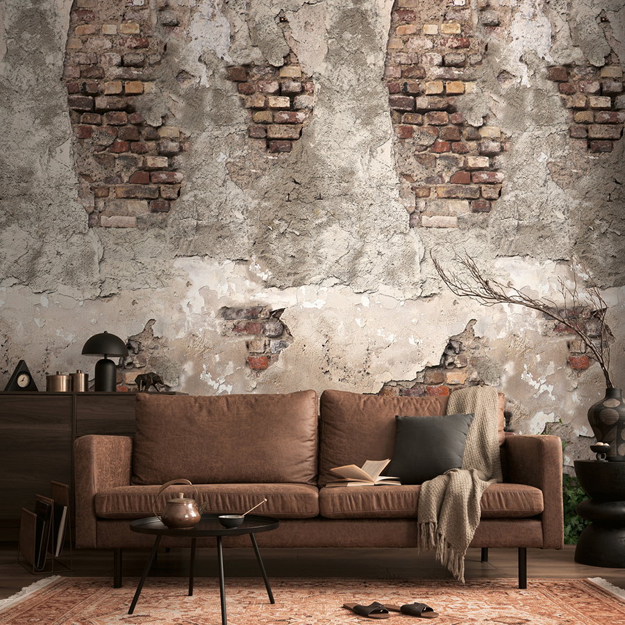 sofa, braun, kissen, backsteinwand, gemütlich