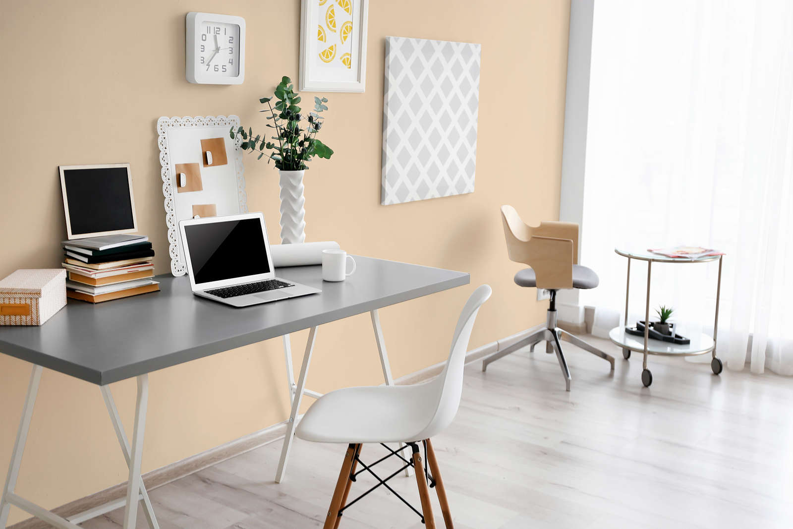 Schreibtisch, Büro, Laptop, Stuhl, Dekorative Pflanze