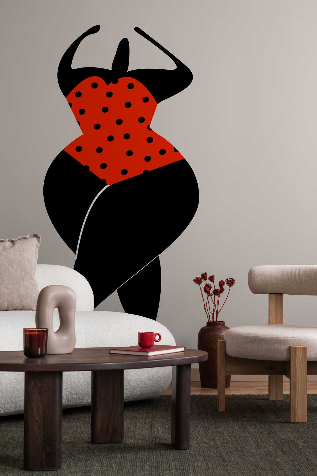 Wandaufkleber, Silhouette einer Frau, Rotes Pünktchenkleid, schwarze Figur, Wohnaccessoire