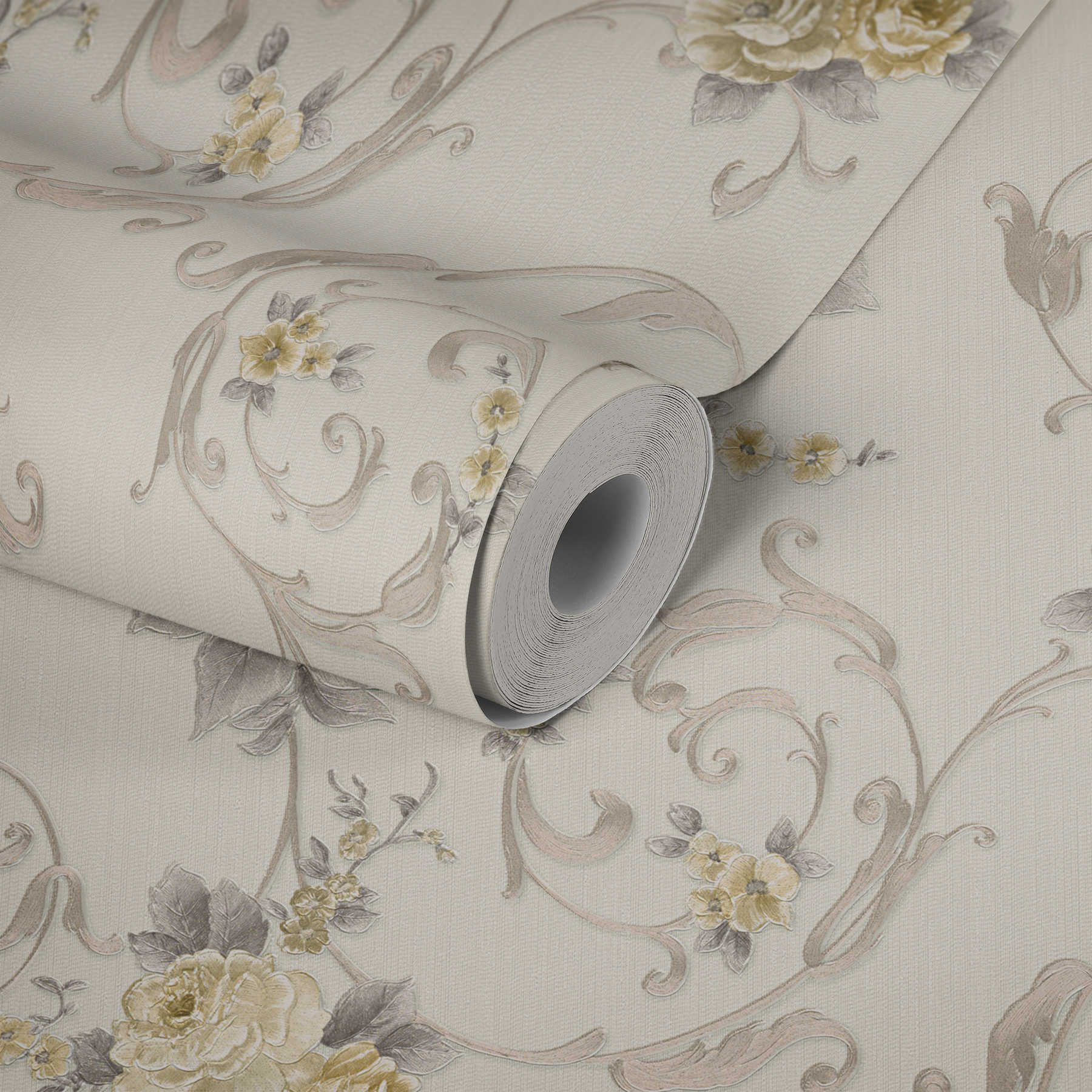Rosenblüten-Tapete mit Metallic-Effekt im Landhausstil – Grau, Gold, Weiß