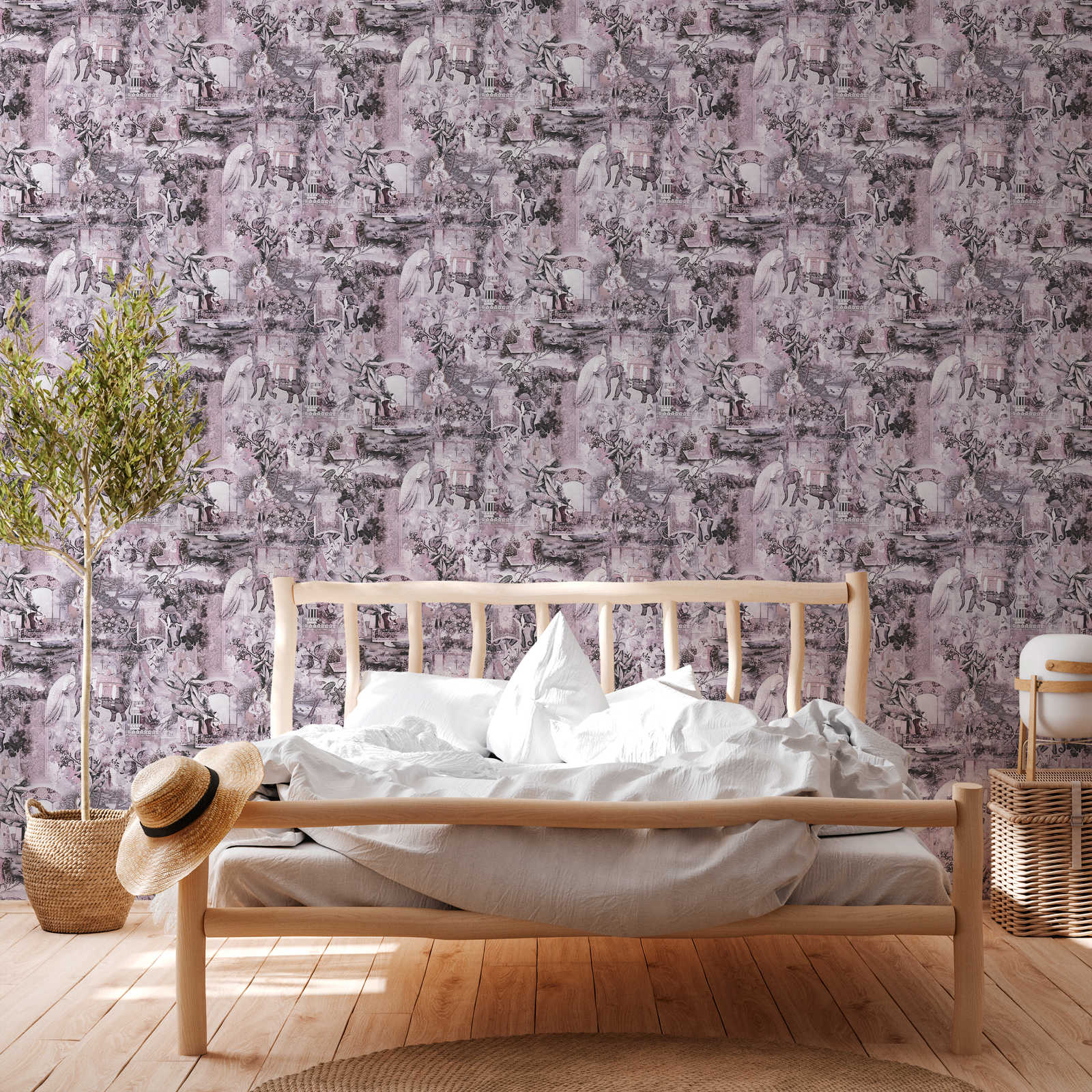             Vliestapete Indien mit Elefant & Vintage Muster – Rosa, Grau
        