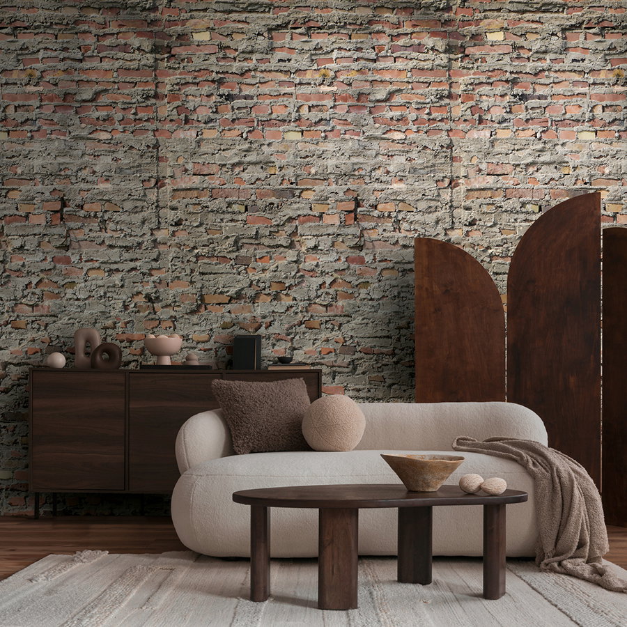 sofa, Wohnzimmer, Couchtisch, Backsteinwand, Dekorative Keramik