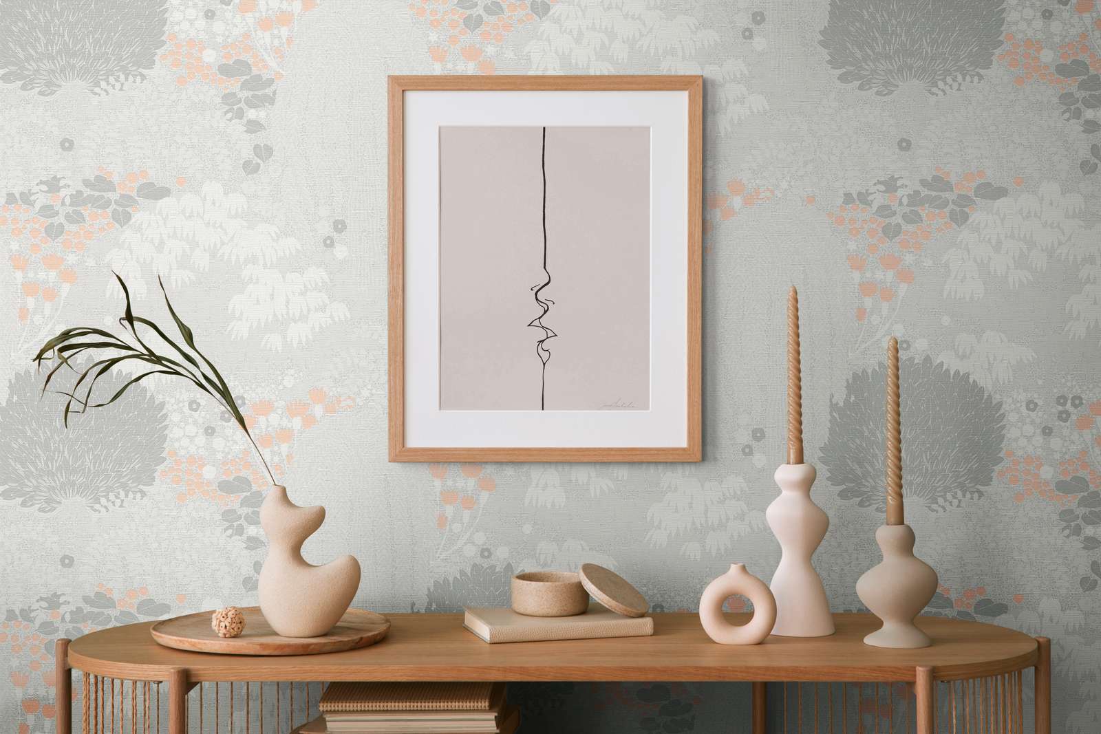             Florale Vliestapete mit Blättern leicht strukturiert, matt – Hellgrau, Weiß, Rosa
        